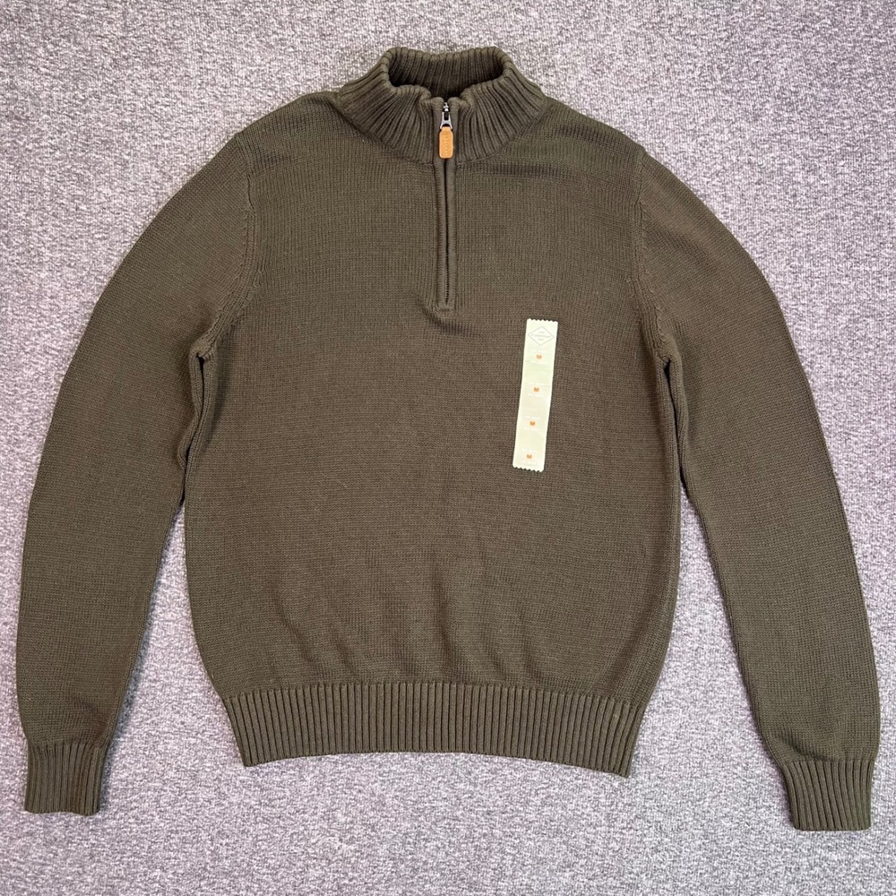 St Johns Bay Sweater Mens M Olive 1/4 Zip Mock Neck Ribbed Casual Pullover NEW